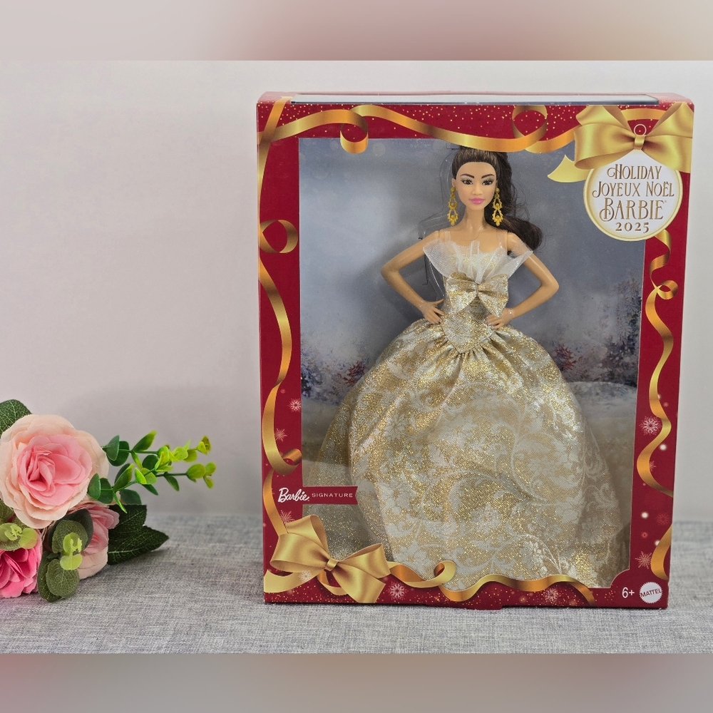 Mattel 2025 Holiday Fashion Doll: Light Brown Hair Barbie Silver & Gold Gown NIB